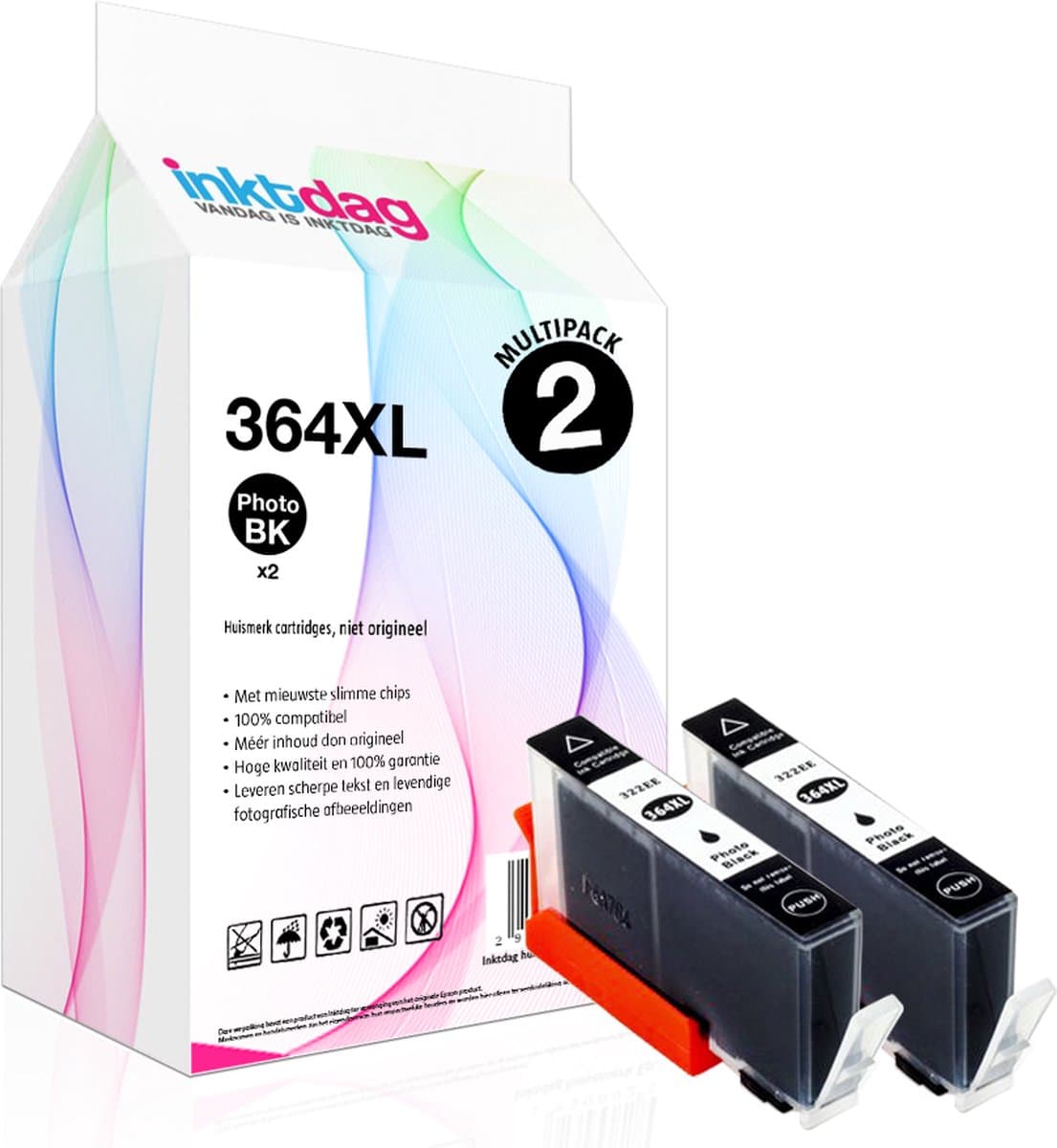 Inktdag inktcartridge voor HP364XL photo black, hp364 photo zwart inktcartridges multipack van 2 stuks voor HP Photosmart 5510 ,5514, 5515 ,5522 ,5524 ,5525 ,6510 ,6525 ,7510, 7520 ,B109n , B110 ,B209a ,B210, B8550 ,C5380 ,C6380 ,D5460
