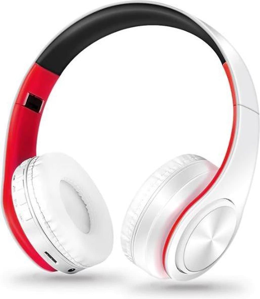 DrPhone Draadloze Bluetooth 5.0 Koptelefoon met 4 functies - SD kaart - FM - AUX - Handsfree Met Microfoon & Diepe Bass - Wit/Rood
