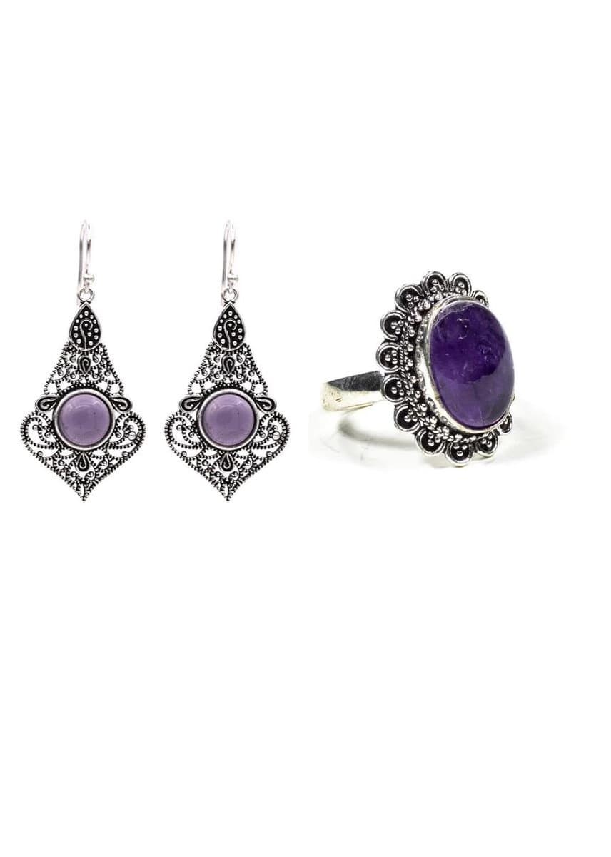 PuurSpirits - Bohemian met Amethist kwarts - Sieraden Set - Dames - Sieraden geschenkset - Sieraden sets dames, Amethist kwarts ring, Edelstenen sieraden, Oorbellen dames