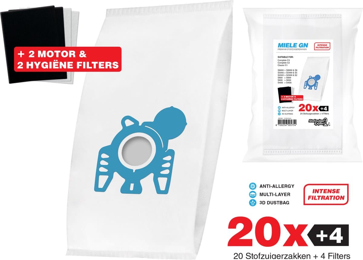 20x Miele Stofzuigerzakken GN - 3D stofzakken + 2x Filter sets - 2 Hygiëne en 2 Motor filters meegeleverd! Premium kwaliteit - Multi lagen - Anti Allergie -Geschikt voor o.a. Miele C3, C2, S8, S5, S2, S8000, S5000, S200, S800, S600, S400