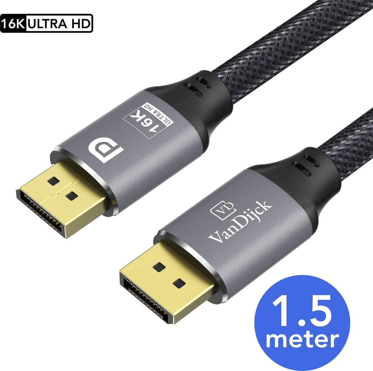 VanDijck DisplayPort 2.1 Kabel – 4K 240Hz – 8K 60Hz – 1.5 Meter – Grijs