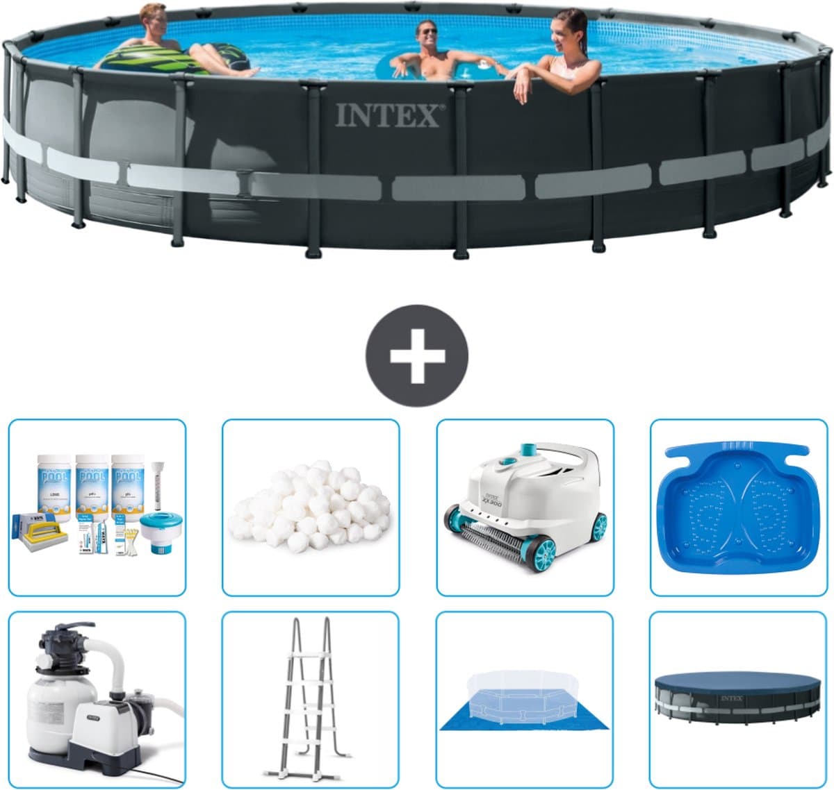 Intex Rond Ultra XTR Frame Zwembad - 610 x 122 cm - Inclusief Pomp - Ladder - Grondzeil - Afdekzeil Onderhoudspakket - Filterbollen - Stofzuiger - Voetenbad