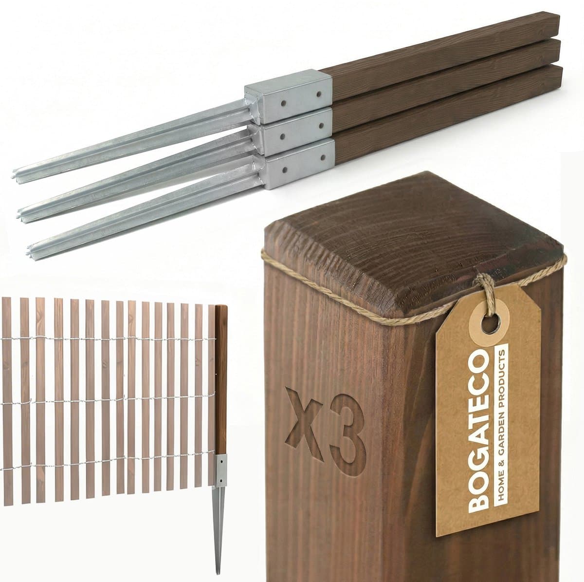 BOGATECO Geïmpregneerde Houten Tuinpalen 50x5x5 cm - Set van 3 Stuks - Vierkante Schuttingpalen voor Tuin & Omheining - Beschikbaar in 2 Kleuren en 4 Hoogtes