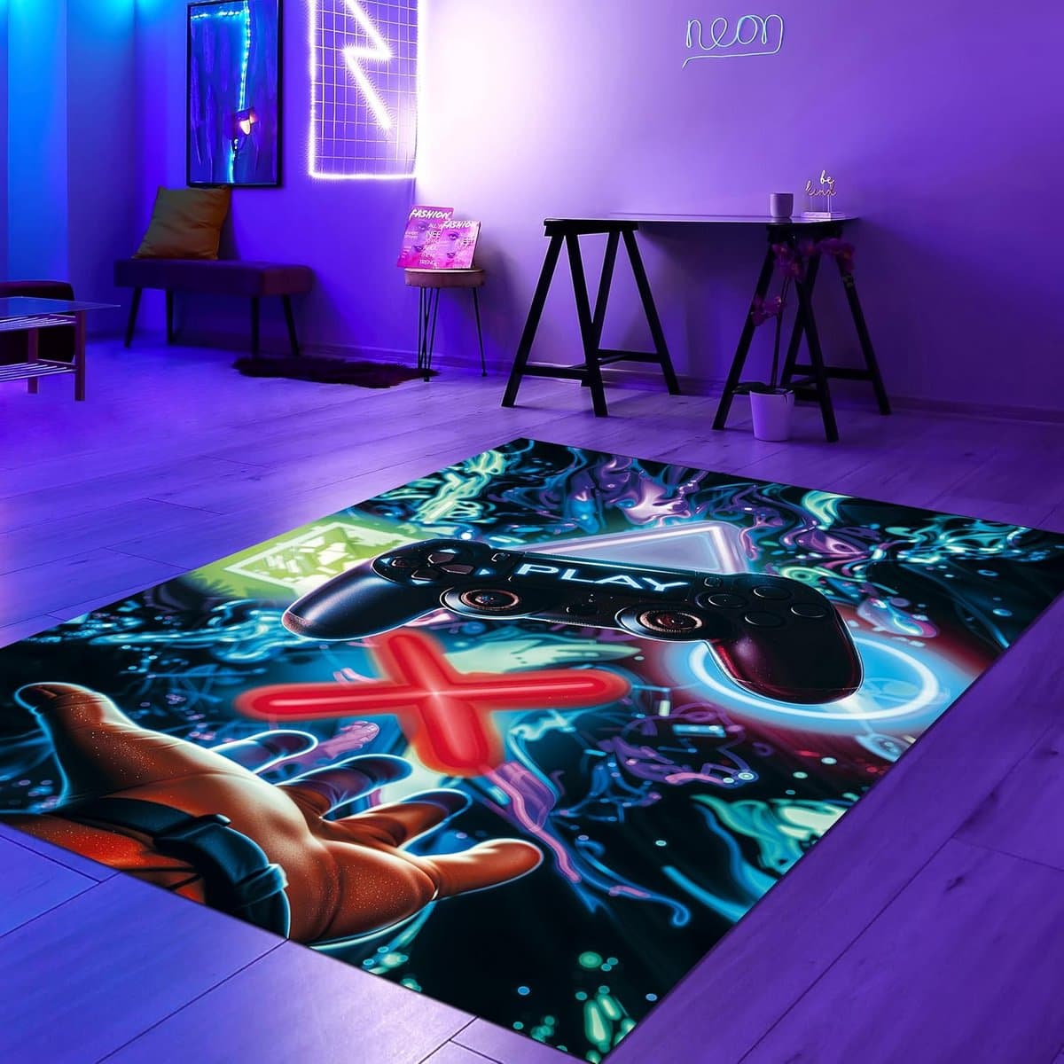 Gaming Vloerkleed met Neon Symbolen en Controller - 50x90 cm - Antislip en Wasbaar