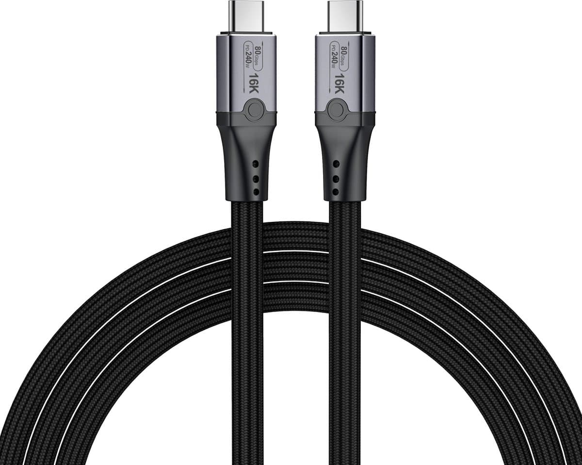 80Gbps Kabel Geschikt voor Thunderbolt 5 van MMOBIEL – Gevlochten USB-C naar USB-C Monitor Weergave Kabel 1m – 120Gbps Bandbreedte Boost, 240W Opladen USB4, USB-C - Zwart