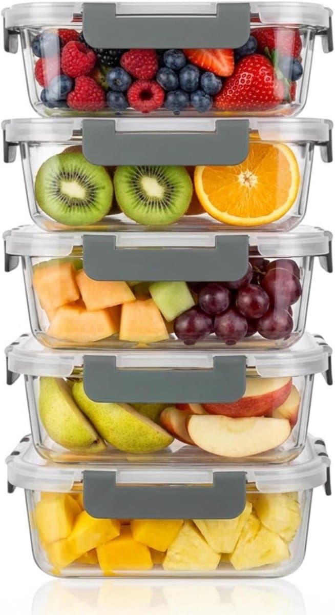 Set van 5 Borosilicaat Glazen Voedselopslagdozen met BPA-vrije Deksel, Ideaal voor Magnetron, Vriezer en Afwasmachine, Perfect voor Maaltijdprep en Organisatie