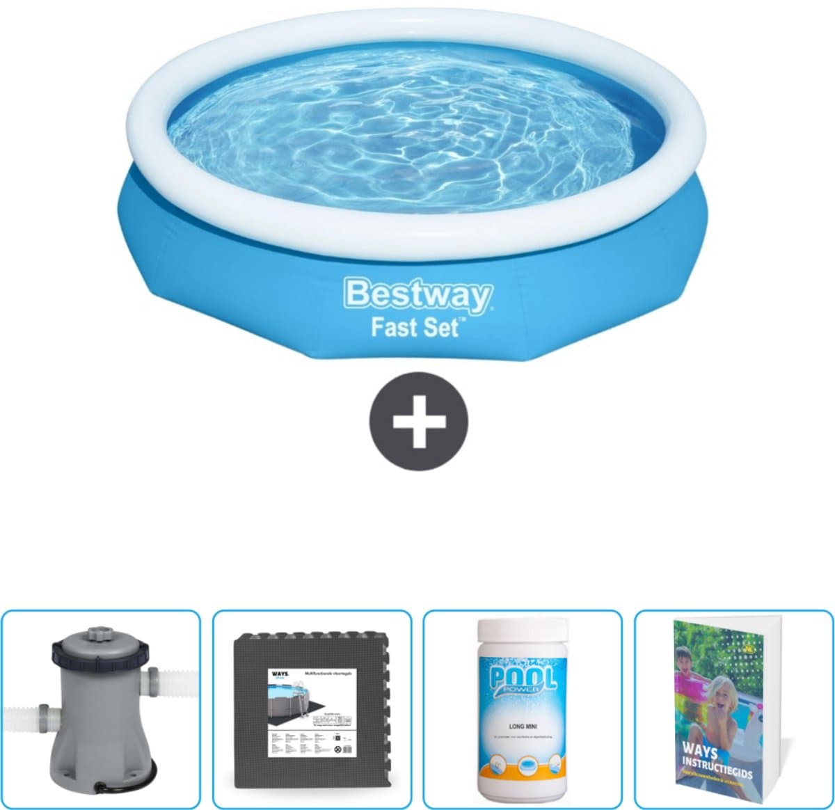 Bestway Rond Opblaasbaar Fast Set Zwembad - 305 x 66 cm - Blauw - Inclusief Pomp - Vloertegels - Chloor - Zwembadgids
