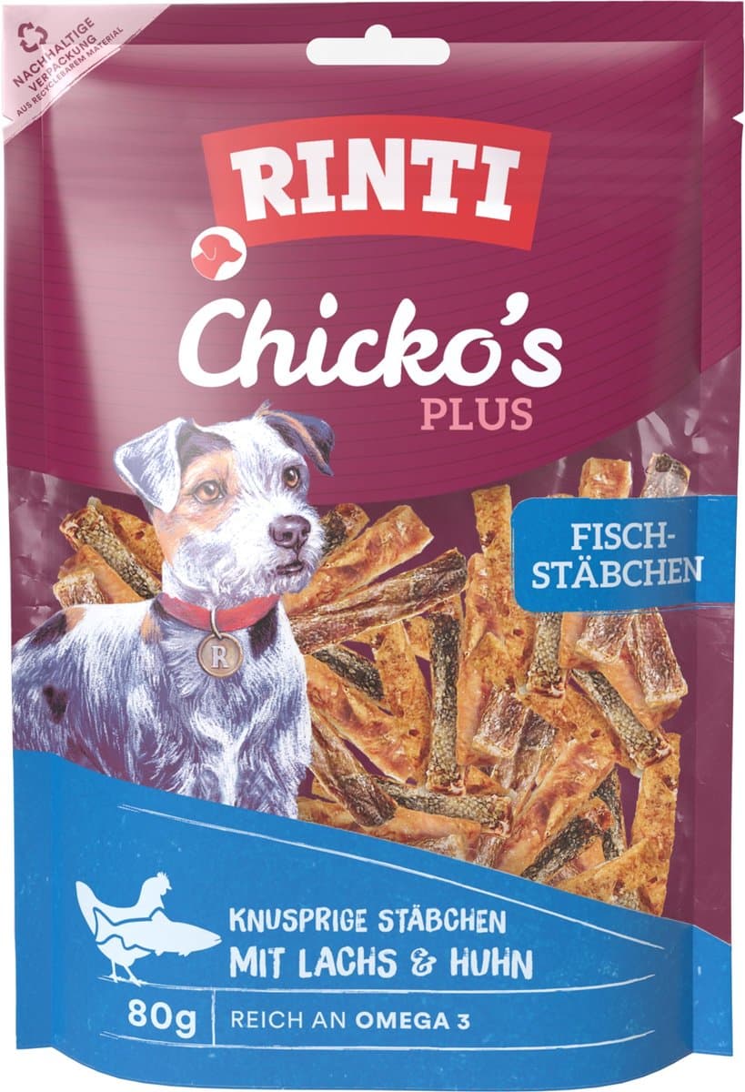 Rinti - Extra Chicko Plus 12x80g - Vissticks met zalm & kip