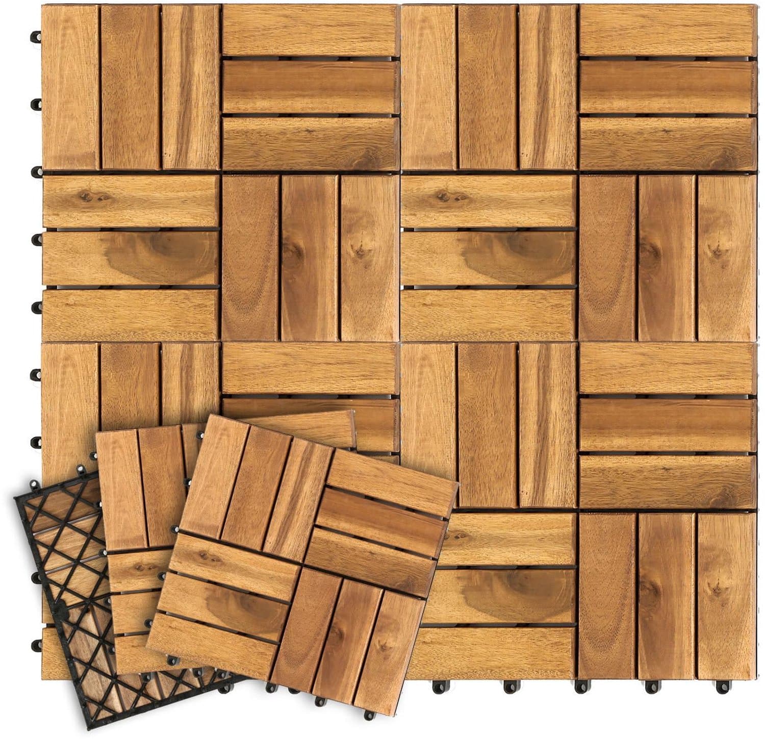 Houten tegels voor balkon en terras, kliktegels van acaciahout, 30 x 30 cm, met drainage-systeem, tegels met 12 latten, 66 stuks (6 m²), weerbestendige vloerbedekking voor buiten