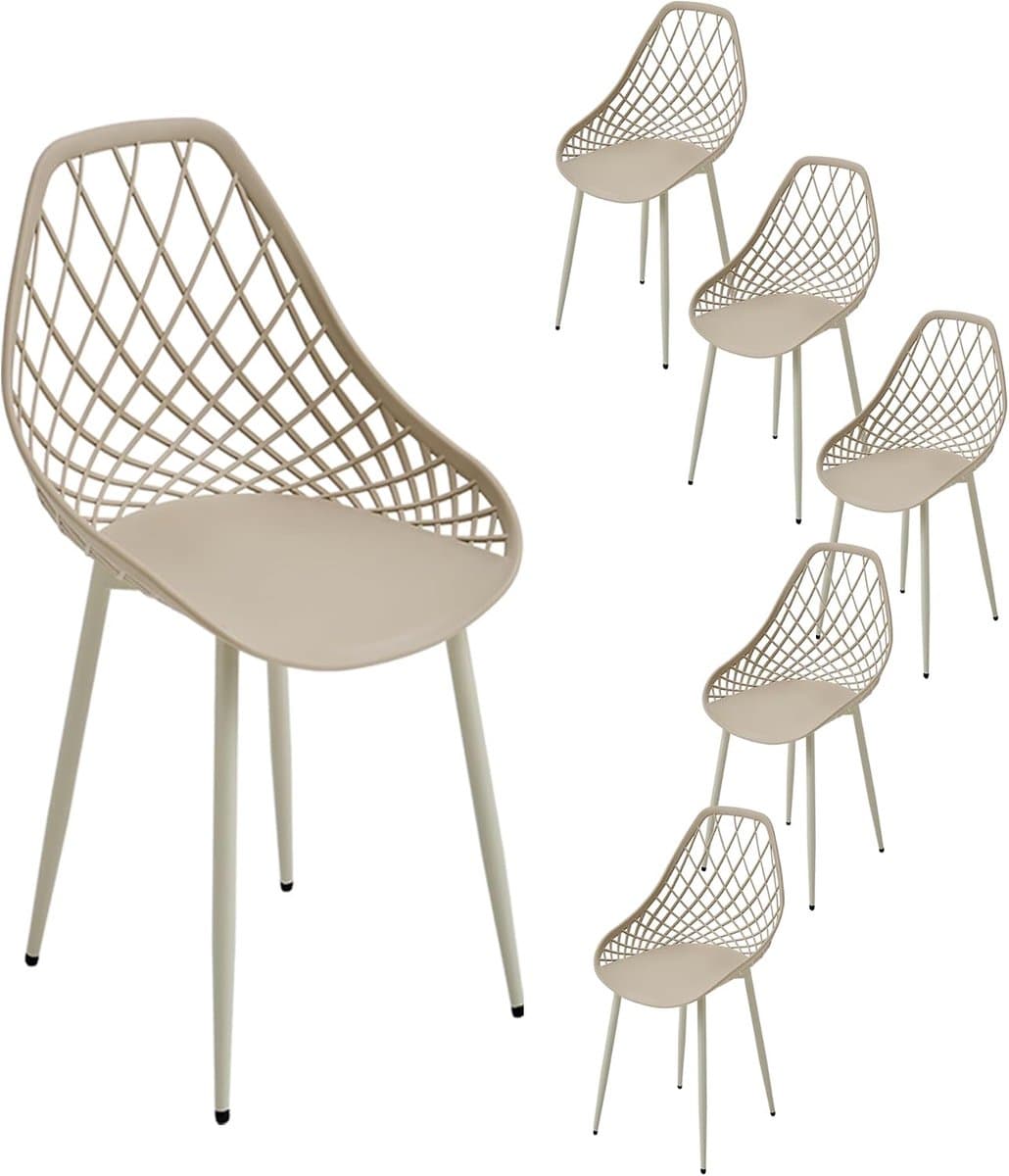 Set van 6 Patio Bistro-stoelen Tuinmeubels Stoel met PP-zitting en metalen frame Buitenstoelen voor op het balkon, het gazon en bij het zwembad Kaki