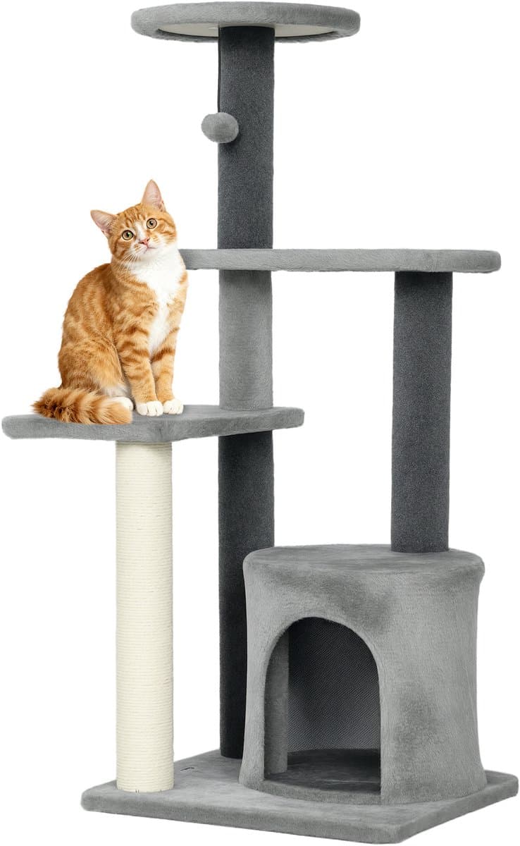 Krabpaal 103 cm - met kattenhol-sisal krabpalen-krabplank en pluche ballen - voor katten tot 5 kg - grijs