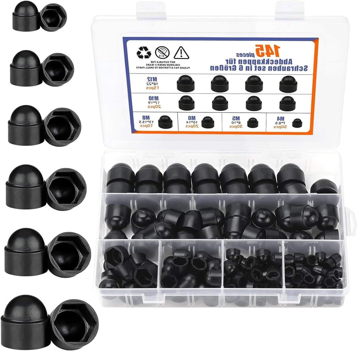 Set van 145 Zwarte Plastic Schroefkappen voor M4 M5 M6 M8 M10 M12 Schroeven, Moeren en Schroefkoppen - Bescherming en Afwerking