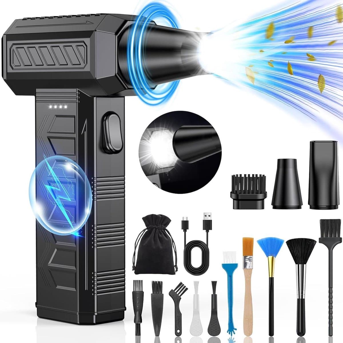 Elektrische Bladblazer - Luchtblazer Stof - Apparaten Reinigen - Met LED Lamp - 150.000 RPM - Zwart