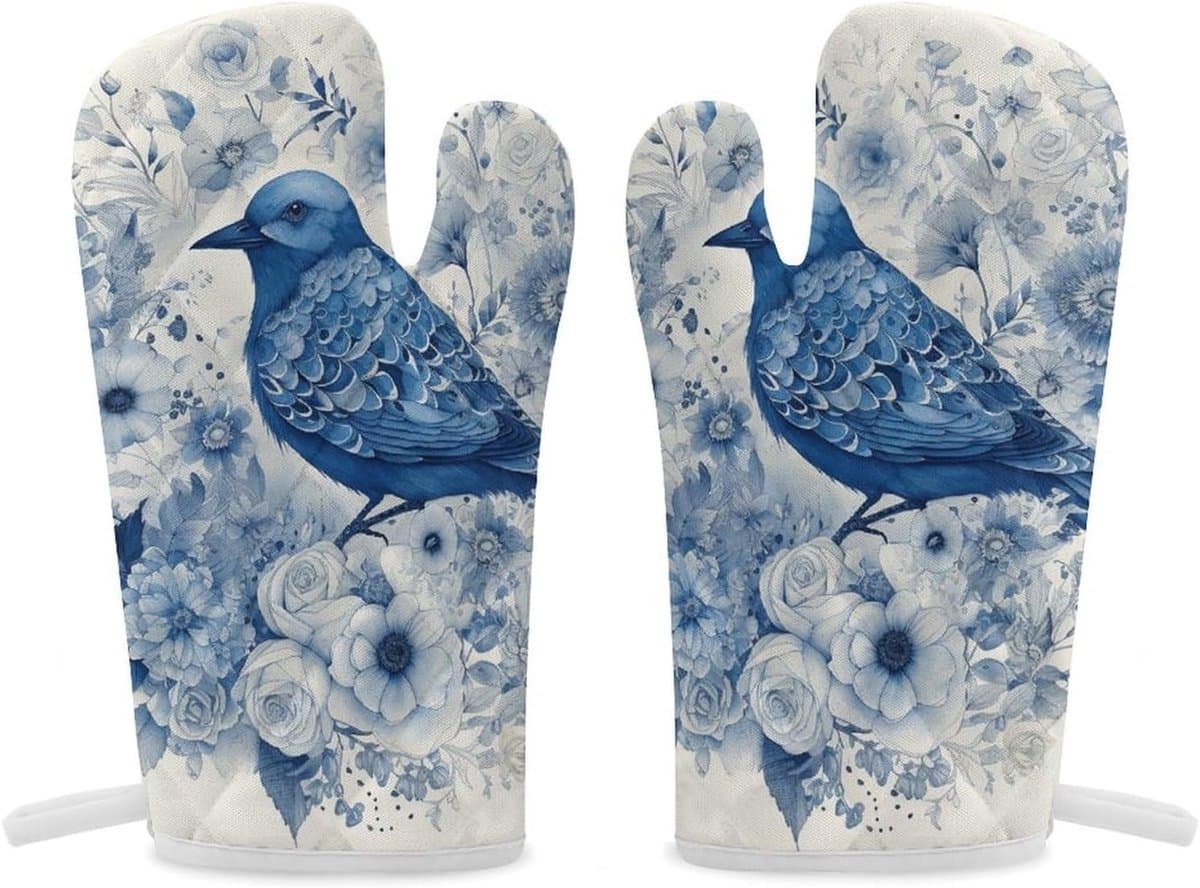 Ovenwanten Set - Keukenhandschoenen Hittebestendig - Veilig Koken - Antislip Grip - 30 x 14 cm - Blauwbloemen Patroon