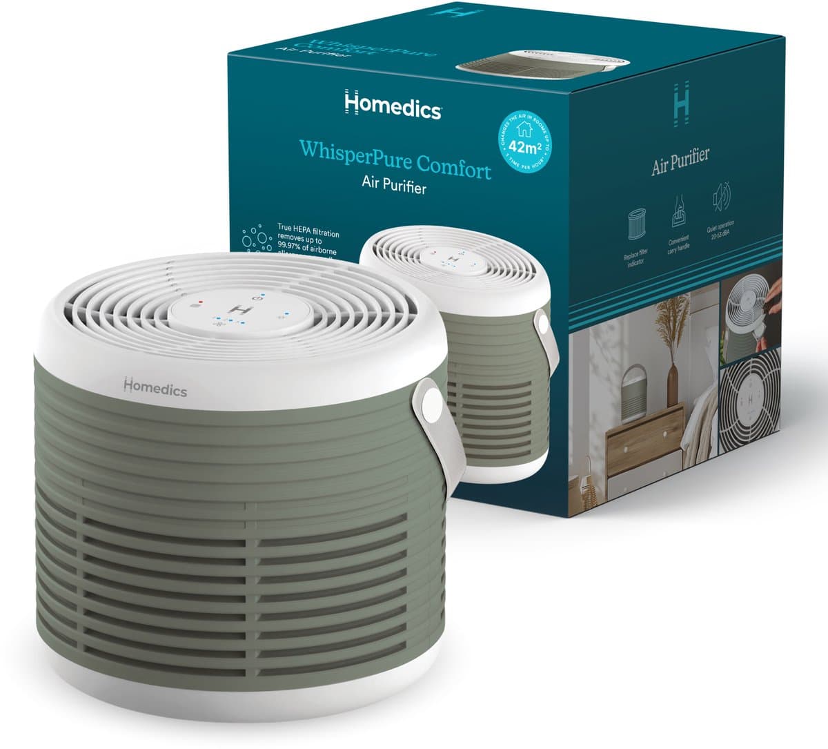 Homedics WhisperPure Luchtreiniger - Hepa en Koolstof Filter - Ruimtes tot 42m² - Met Geurtray - 3 Ventilatiestanden - Air Purifier - Groen