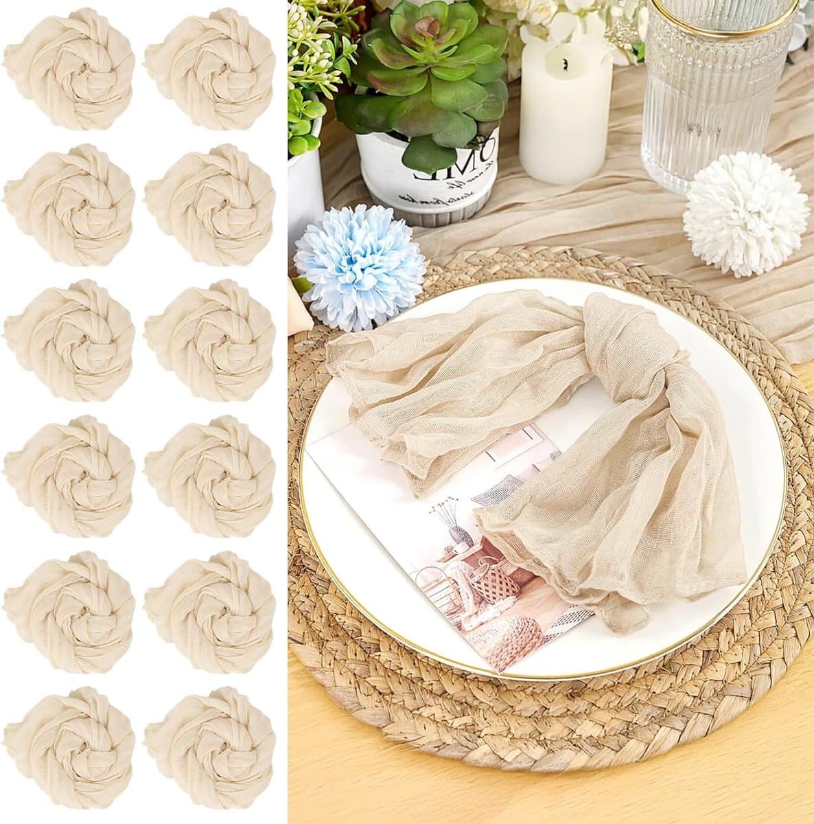 30 Stuks 50 cm Beige Mesh Servetten van Katoen met Plooien voor Vintage Boho Feesten en Bruiloften, Rustieke Bohemian Tafeldecoratie