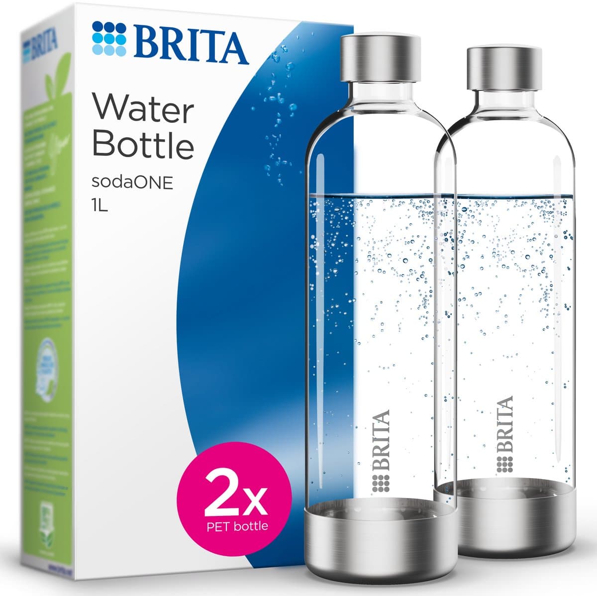 BRITA sodaONE PET fles 2-Pack (1L) voor gebruik met de bruiswatermachine sodaONE - BPA-vrij materiaal - afgewerkt met RVS elementen van hoogwaardige kwaliteit - voor heerlijk bruiswater