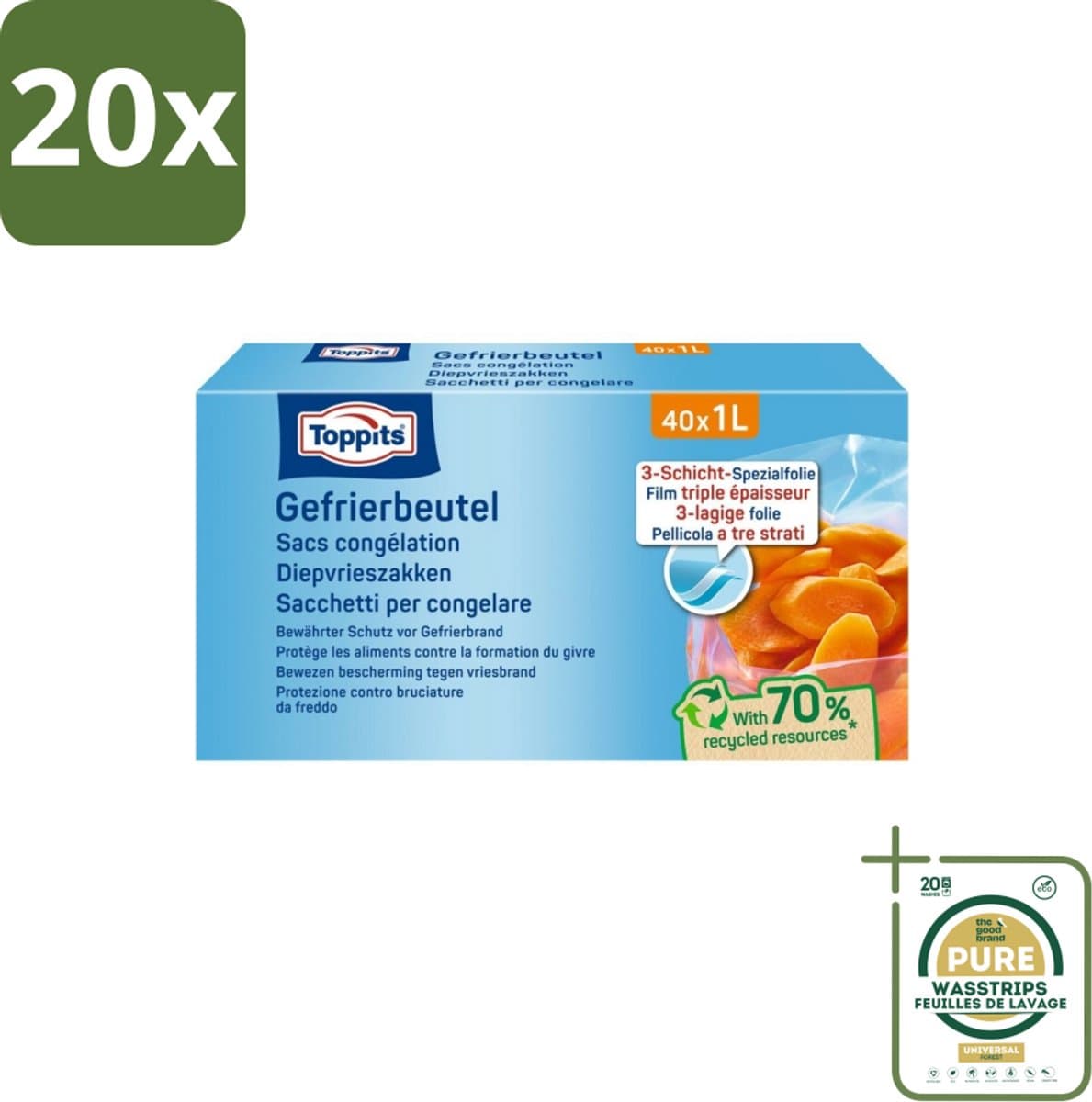 20 x Toppits – Diepvrieszakjes – 1 Liter – 40 Zakjes - Grootverpakking - Koffiezetapparaat