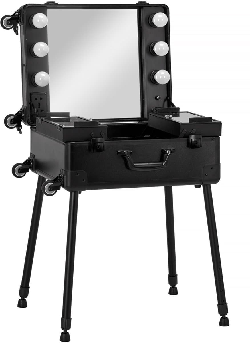 Draagbare cosmetische werkstation koffer T-27 zwart met verlichting verrijdbaar verstelbare poten make-up station voor visagisten