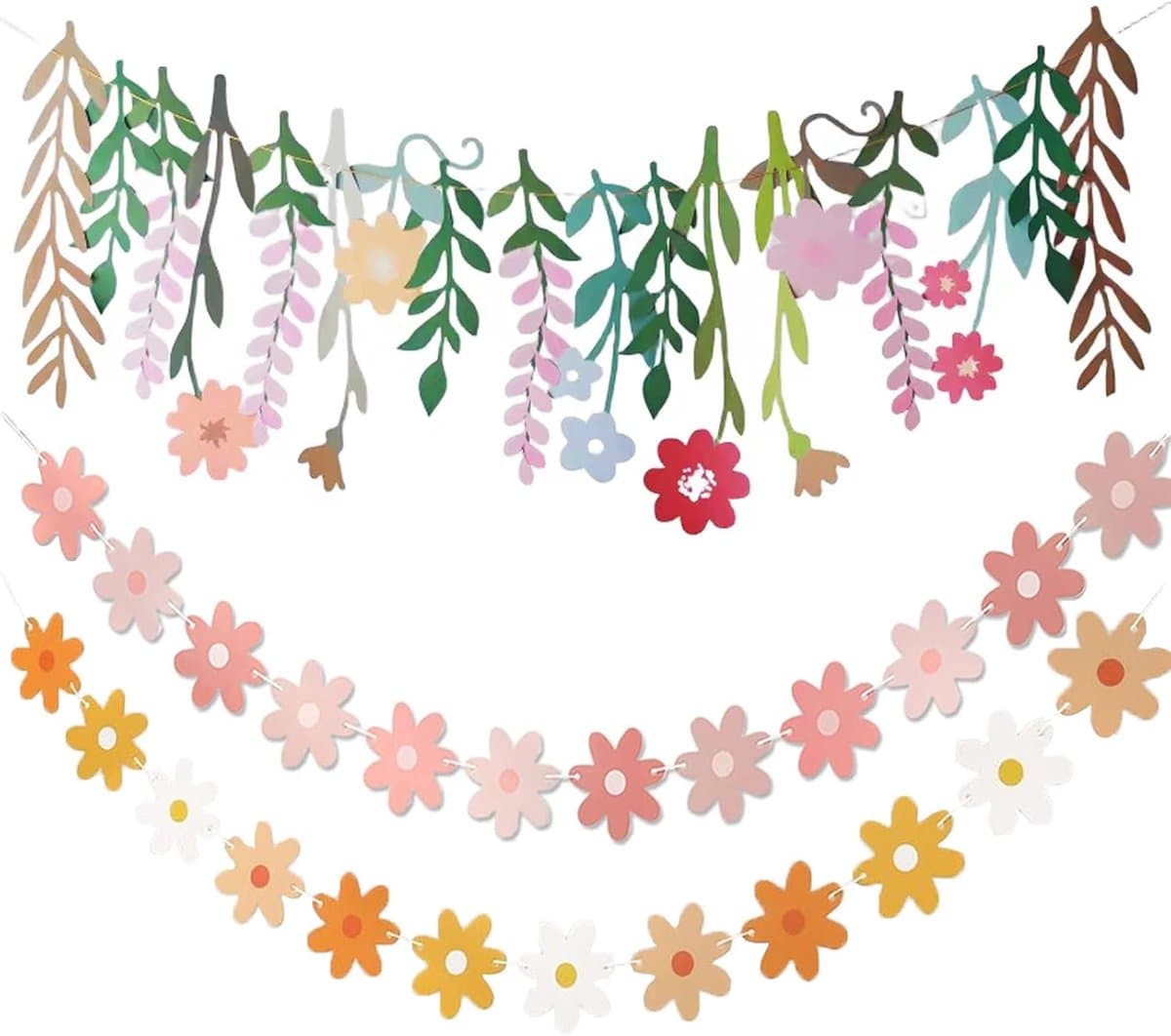 Papieren bloemenbanner - Bloemslinger decoratie - Feestelijke versiering - 3-pack sets - 35x14x1 cm - Roze geel