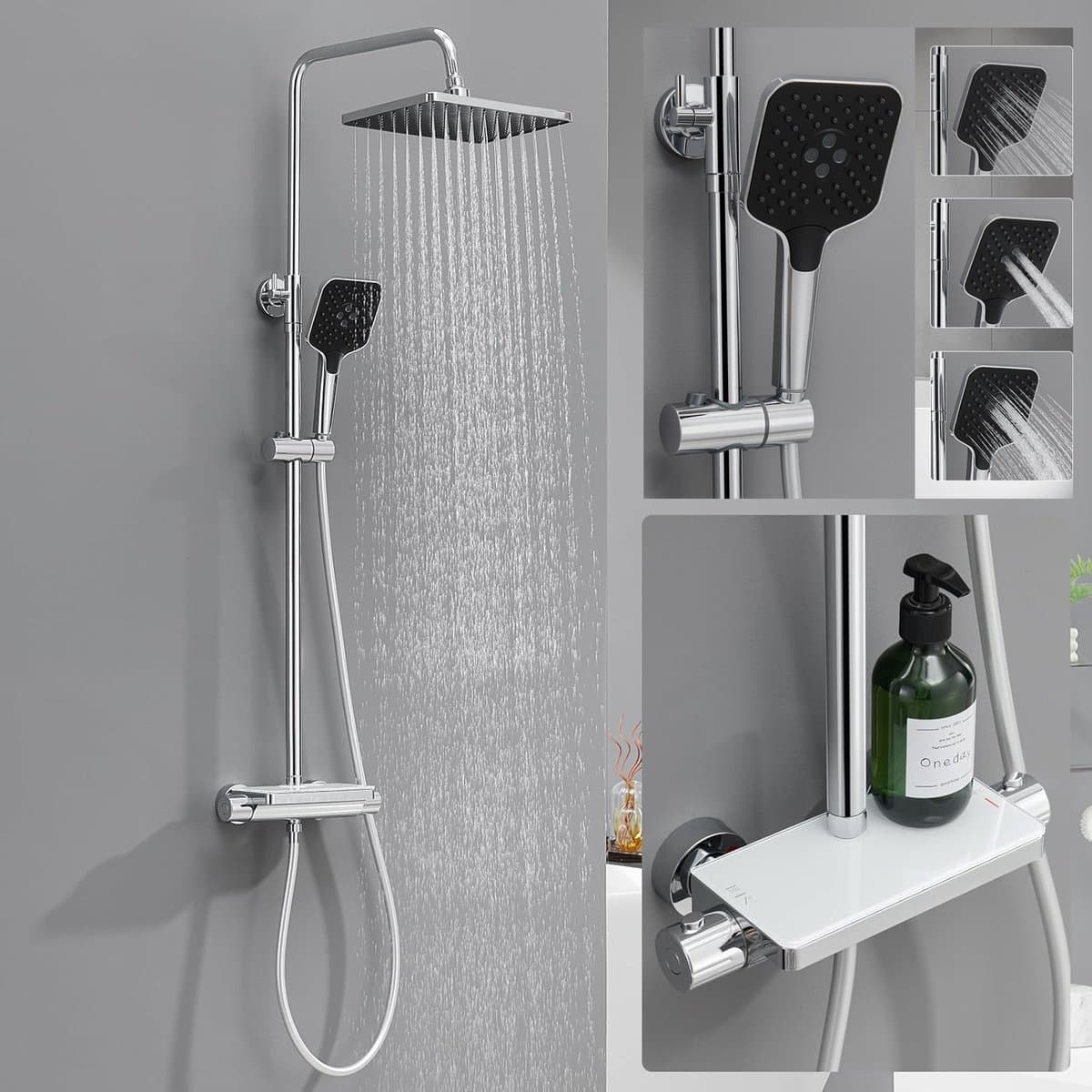 Sofetiy Max Regendouche met Thermostaatkraan - Douchesysteem - Hoofddouche en 3 Standen Handdouche - Met planchet - Verstelbare Hoogte 88-125 cm - Doucheset - Chroom