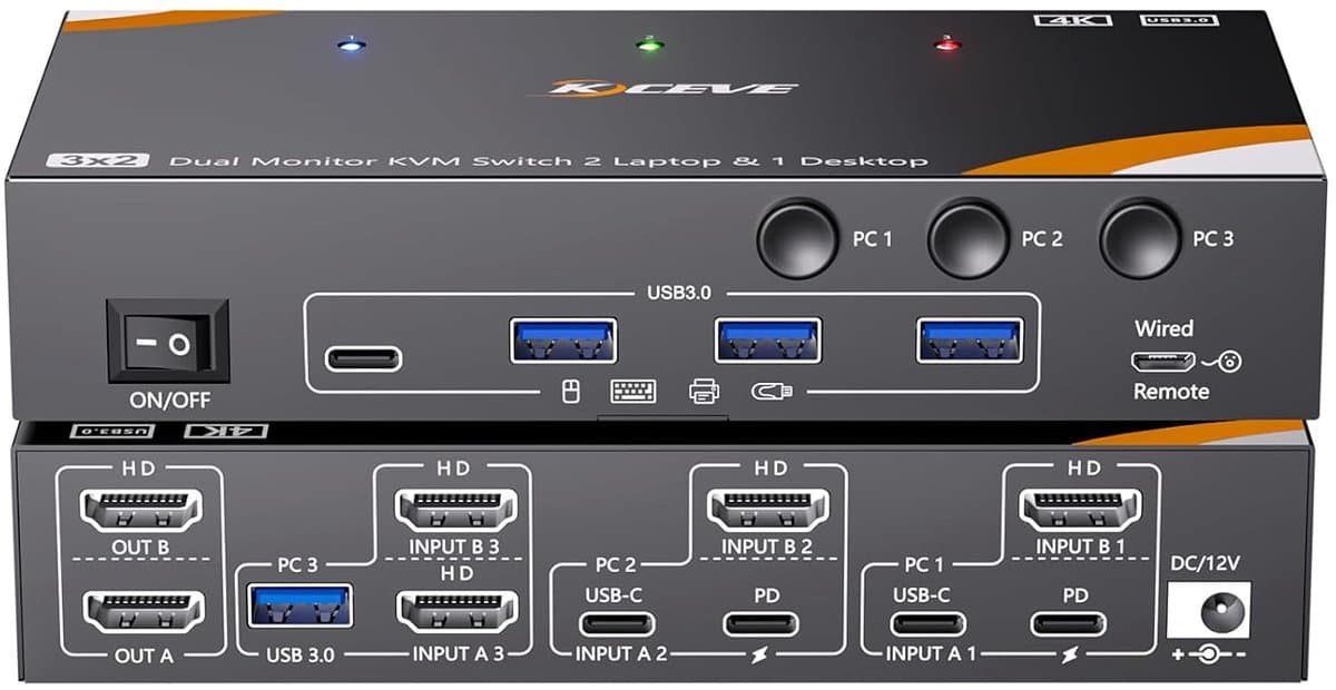 KVM Switch - Multi Computer Switch - Dual Monitor Bediening - 100W PD Laden - 4K 60Hz