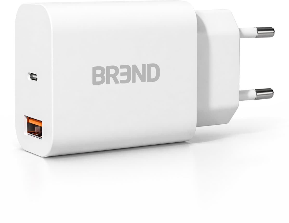 Snellader met 2 Poorten - Power Charger – Snellaadadapter met USB en USB-C Aansluiting – Geschikt voor iPhone en Android - Wit - BREND BR-2212