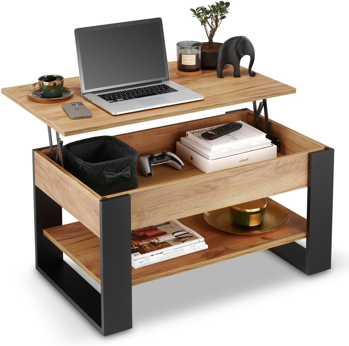 defiPad Salontafel met opklapbaar blad, plank en opbergruimte - Industrieel, Lofotisch - Zwart + Eiken Craft