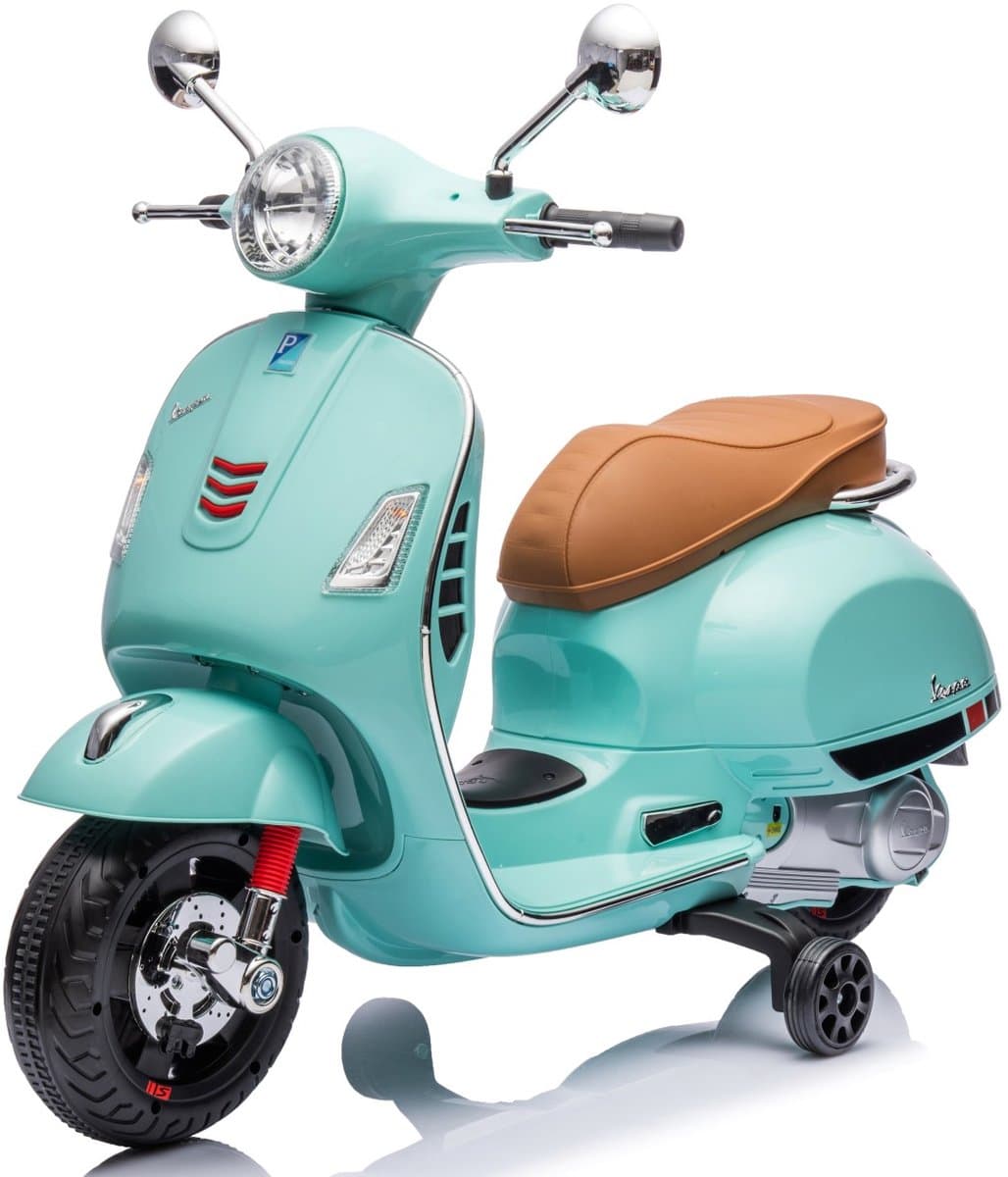 Vespa Elektrische motorfiets, kindermotorfiets met plastic wielen en stoel, MP3-speler, USD MicroSD AUX-aansluiting (Turkoois - zonder kistje)