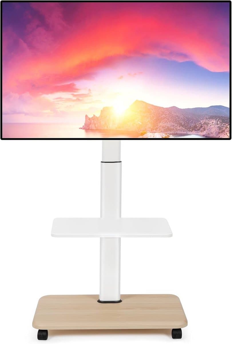 Mobiel TV Meubel - TV Kar - Verplaatsbaar Kijken - Inclusief Laptop Plaat - 32-70 Inch - Wit Houtnerf