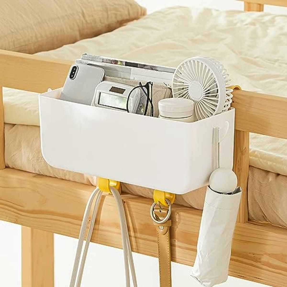 Bedopbergmand - Opbergcaddy met haken voor hoofdeinde - Multifunctionele nachtkastje organizer voor tablet, boeken en persoonlijke spullen - PP kunststof - Wit