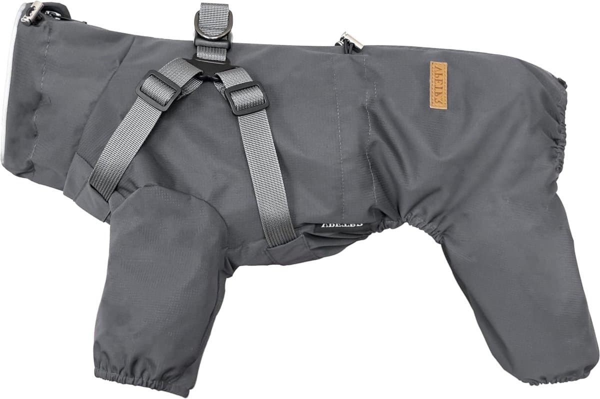 Verstelbare Hondenregenjas met Harnas voor Kleine Honden - Waterdichte Jumpsuit met Reflecterende Details en 4 Pootjes, Grijs, Maat L