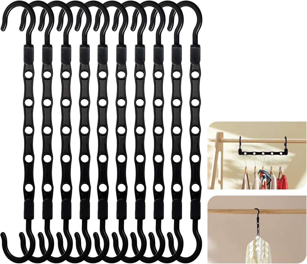 10 stuks ruimtebesparende multifunctionele kleerhangers met 5 gaten en 360° draaibare haak, organizer voor zware kleding, zwart