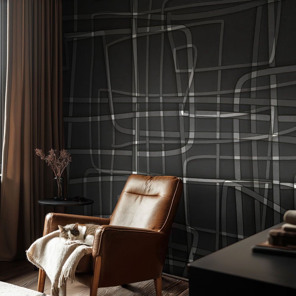 Coloray Vliesbehang - Zwart Snellijm Behang - 152x104 cm - Abstracte Lijnen Fotobehang Vlies - Woonkamer behang Abstractie - Muurschildering - Woonkamer behang