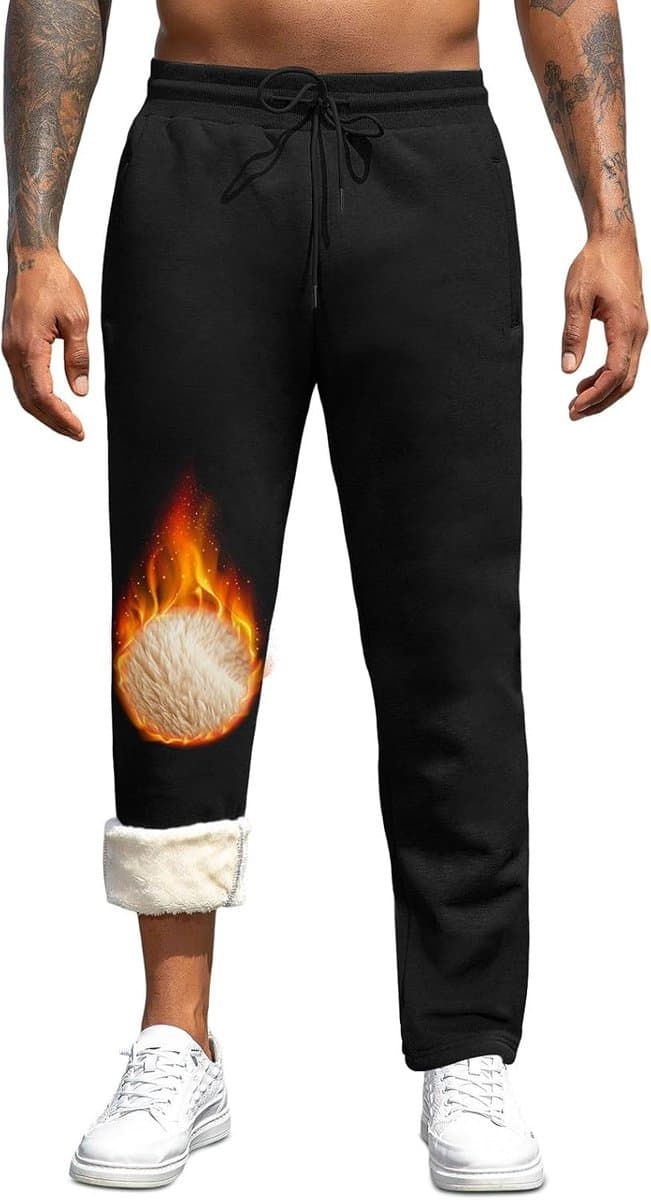 Trainingsbroek voor heren, winter, sweatbroek, katoen, thermobroek, fleecebroek, sportbroek voor thuis, joggen, met trekkoord en ritszak