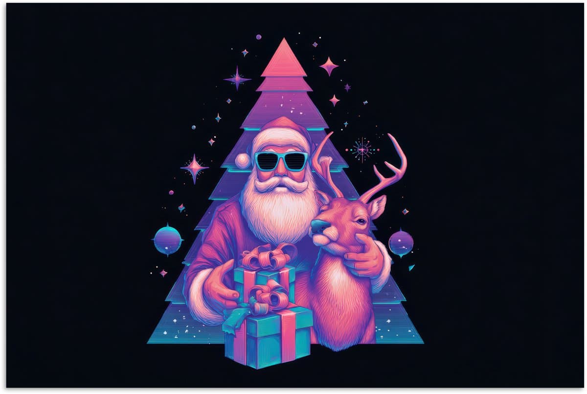 Poster 60x40 cm - Retro - Kerstman - Rendieren - Kerstboom - Posters - Kamer decoratie - Wanddecoratie woonkamer - Muurdecoratie slaapkamer - Kerstversiering - Kerstdecoratie voor binnen - Kerstmis
