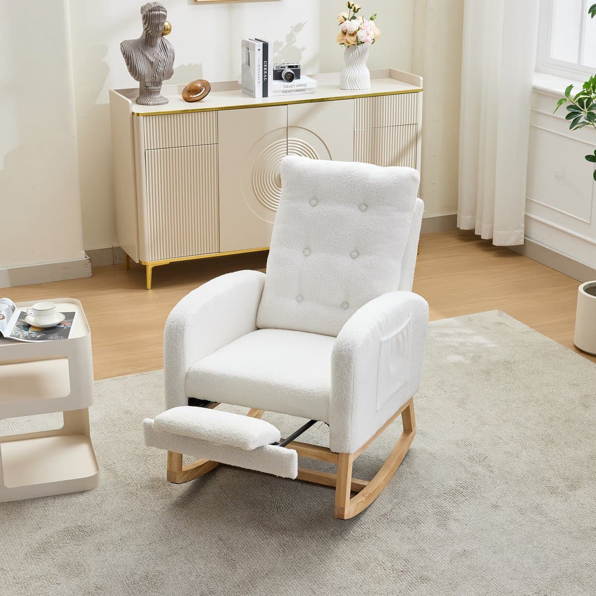 Sweiko Schommelstoel - Fauteuil - Met oplaadaansluiting - Bookley-stof - Verstelbare voetsteun - 66.5 x 121.5 x 102 cm - Wit