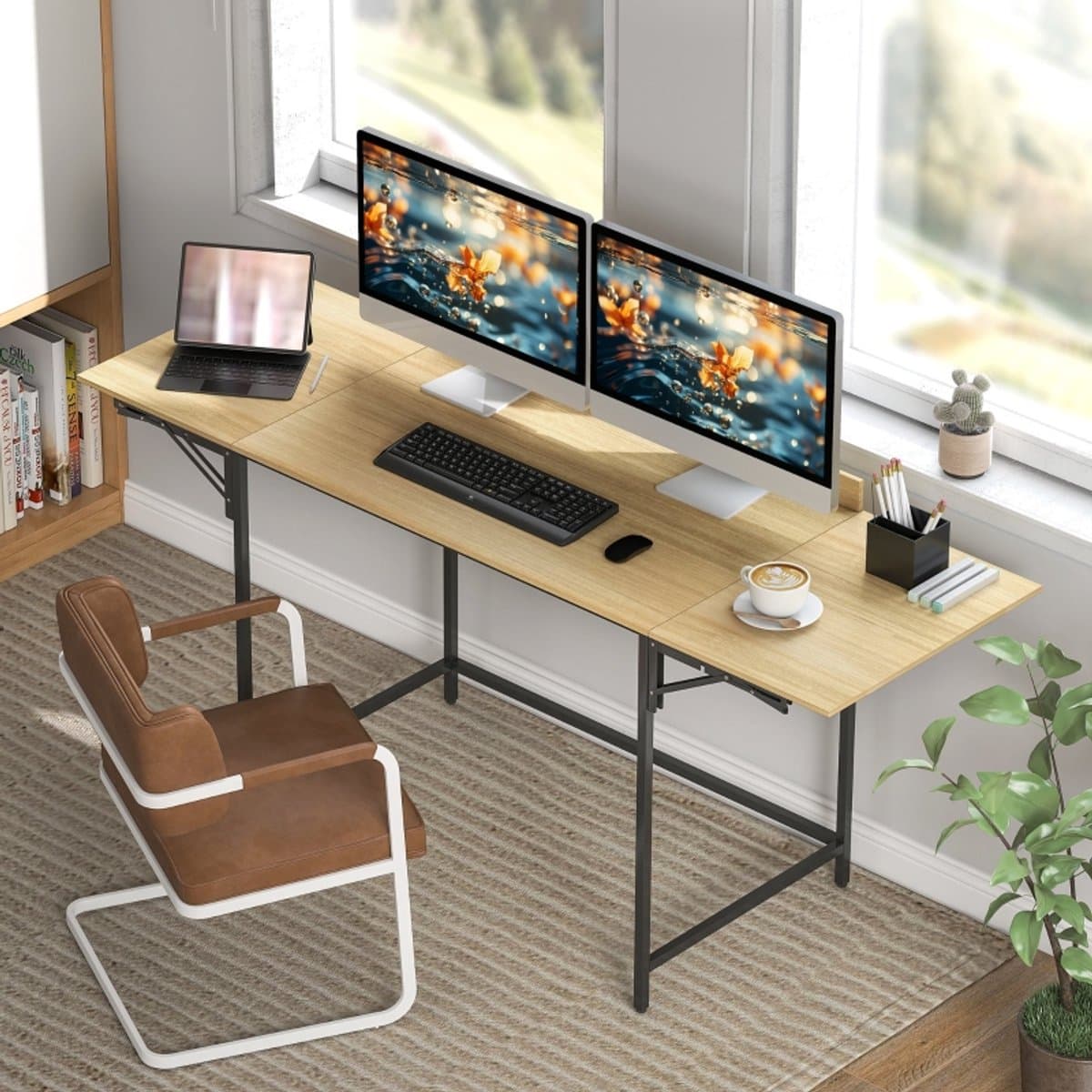 OKWISH Bureau - Klapbaar En Uitschuifbaar Tafelblad - 170x58x78 cm - Voor Thuiswerkplek - Houtlook Eiken En Zwart Metaal