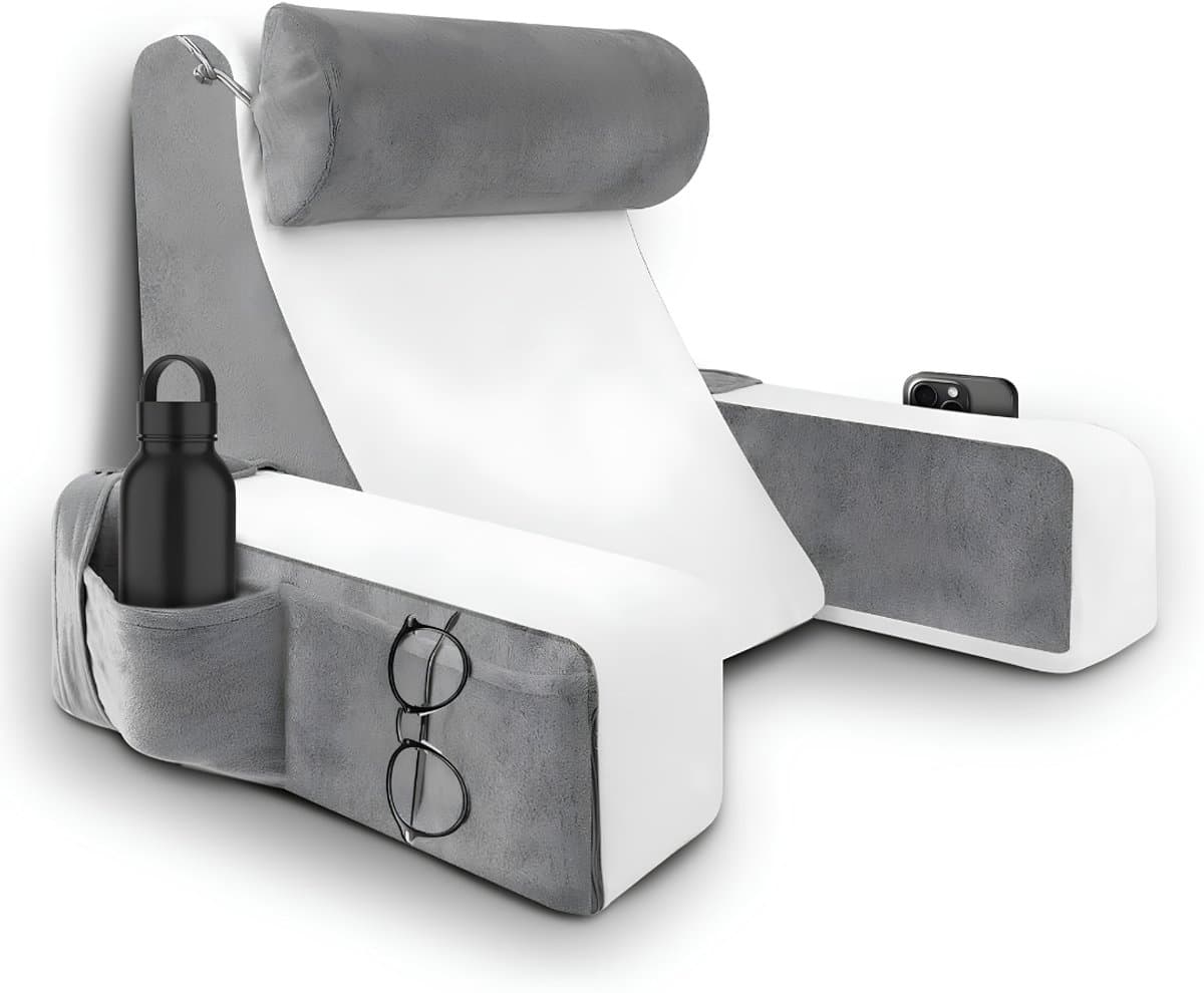 SP® Lees Kussen - Leeskussen - Rugkussen met Armleuning - Grijs en Wit - 38cm x 47cm x 57cm