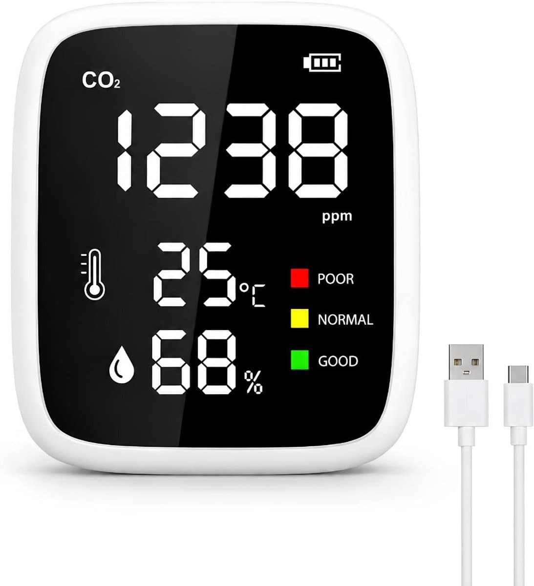 SP® CO2 Meter - Draagbare Koolmonoxidedetector - Luchtkwaliteitsmeter voor Thuis, Fabrieken en Op Reis - Zwart/Wit - 12cm x 7cm x 3cm
