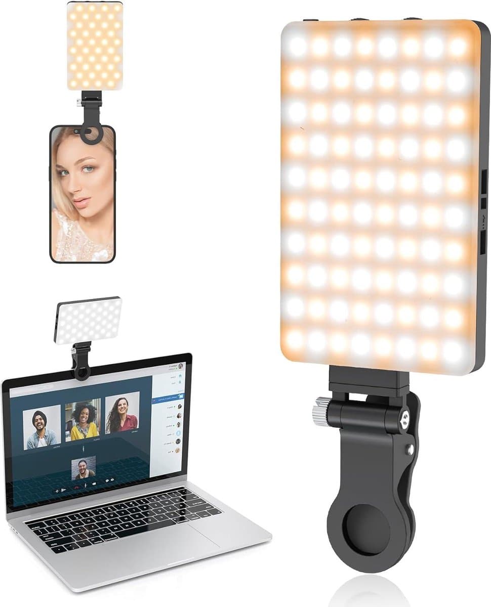 80 LED Draagbare Selfie Light - Oplaadbare Videolamp met Clip - 3200K-5600K 3 Lichtmodi - Voor Telefoon Tablet Laptop TikTok Live streaming Videoconferentie - Zwart