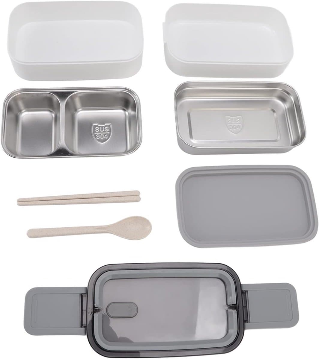 304 Roestvrij Stalen Lunchbox - Magnetron, Vaatwasmachine en Vriezer Veilig, Lekvrije 3-Delige Verdeling, Dubbele Laag Bento Box