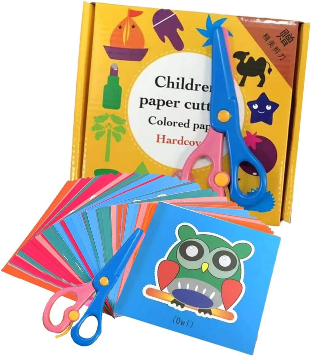 Kinderschaar Kleuterset met 2 Veiligheidsscharen en 96 Vellen Papier met Dieren en Fruit Figuren