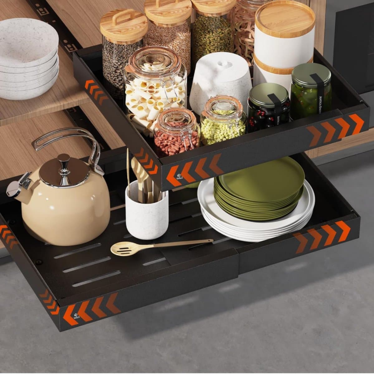 W&Z Schuiflade keukenkast– Keukenkast Organizer – Gootsteenkast/Lade Organizer - binnenlade keuken – Uittrekbaar en Verstelbaar (32-52 cm) – Telescopisch – Zonder boren - Zwart - Schuif lade