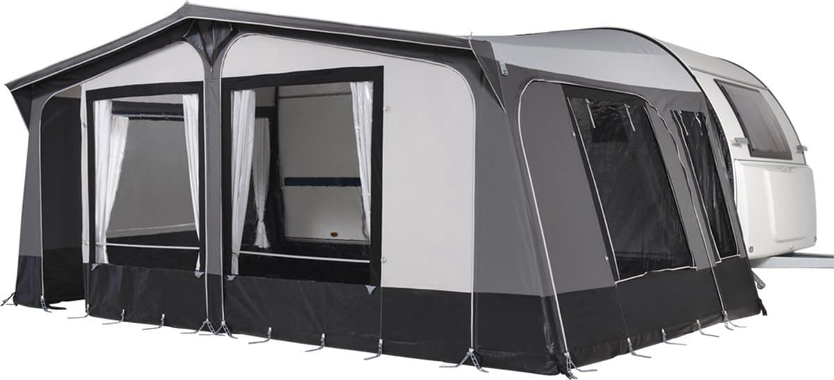Campout Voortent Nova 300 – Zonneluifel – Zonwering – Camper en Caravan – Schroefloze Bevestiging – Inclusief Tochtstrook, Wielflap, Tentharingen, Ladderspanners en Opbergtas – YKK ritsen – Naadloos Dak – Omloopmaat 1051-1075 cm - Lichtgrijs
