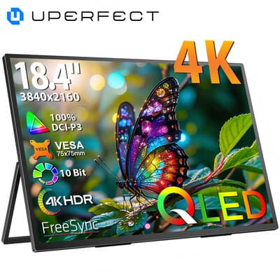UPERFECT 18,4 inch 4K QLED draagbare monitor met 3840 x 2160 UHD-scherm, geïntegreerde bevestiging, USB-C, Mini-HDMI, voor pc, laptop, mobiele telefoon, Xbox Switch, PS4/5, metalen behuizing, VESA-montage