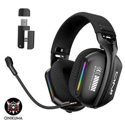 ONIKUMA GT808, RGB-verlichte draadloze headset met drie modi, ideaal voor PC/laptop/FPS-gamers, 2.4GHz draadloze gamingheadset met microfoon, 5.3-kanaals draadloze gamingheadset, stereo-audio, oplaadbare gaming/muziekheadset, over-ear headset, cadeau