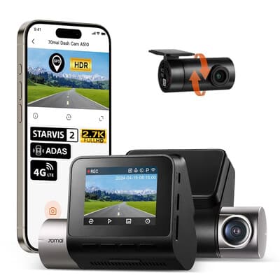 70mai Dash Cam A510 Set - Dashcam Auto met Achtercamera - Voor en Achter Opname - 3K Resolutie - Sony STARVIS 2 Sensor - HDR Nachtzicht - GPS Logger - Wifi App - Parkeerbewaking