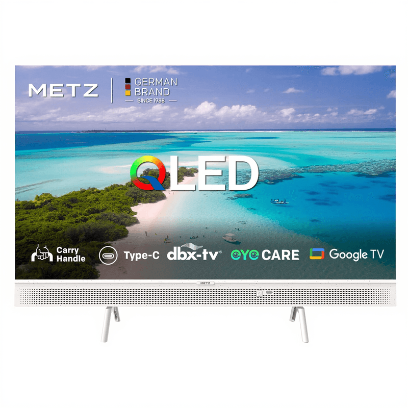 METZ Lifestyle draagbare TV 32 inch HD Smart TV QLED+, 32MQE7100Z, Power-C (compatibel met powerbank), HDR10, dbx-TV, Dolby Audio, Chromecast, spraakbediening, tuner DVB-T/T2/C/S/S2 (Energy Efficiency E)