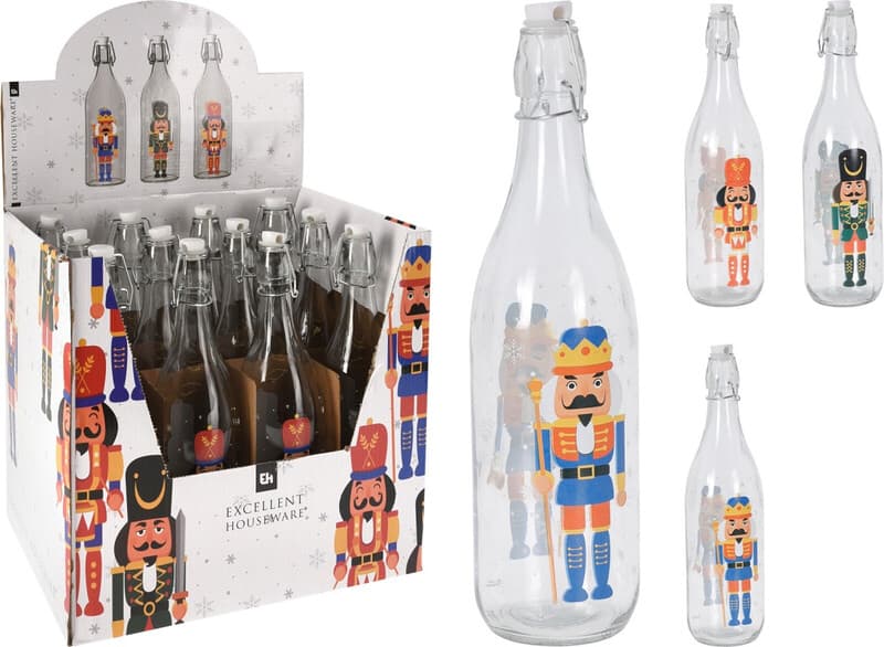 Excellent Houseware Glazen waterfles met swingdeksel - Assortiment kleuren, 1L